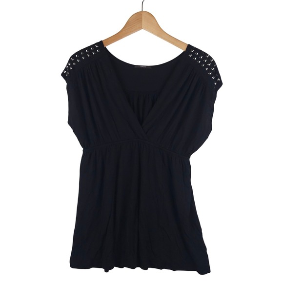 Soprano Black Studded Shoulder V Neck Elastic Waist Cap Sleeve Top Womens L - Picture 1 of 5